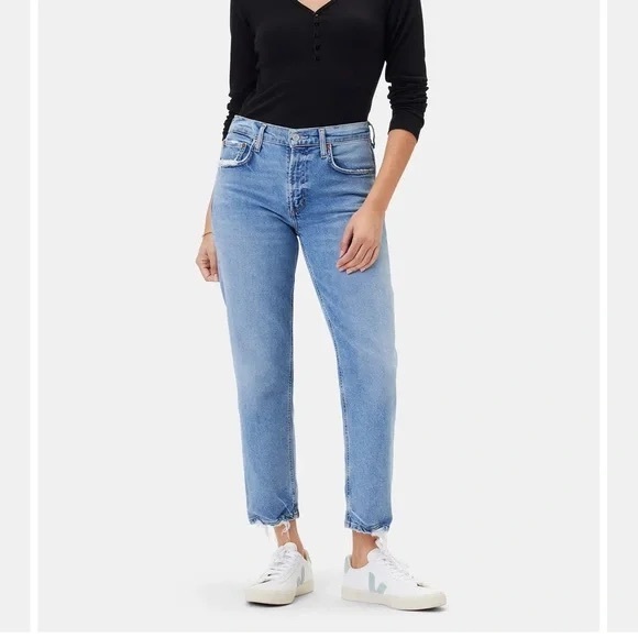 Agolde Kye Mid Rise Straight‎ Leg Crop Light Wash Distressed Jeans - Picture 1 of 12